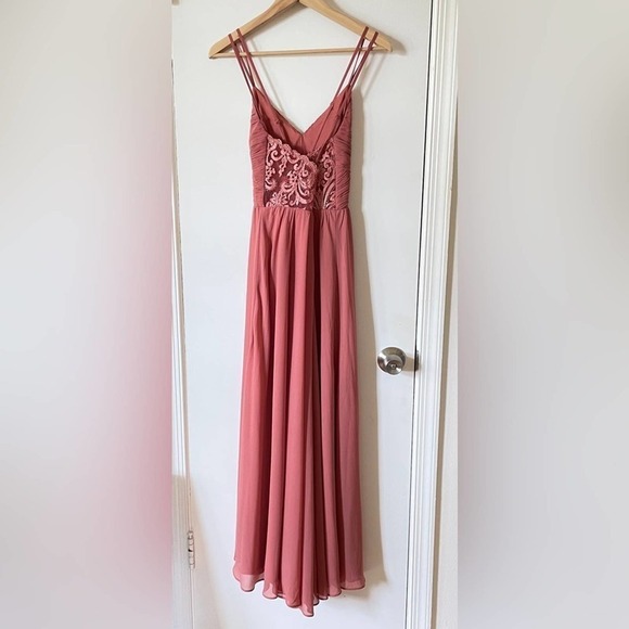 Lulu’s Rusty Rose Lace Back Maxi Dress Pintucked Chiffon Surplice Spaghetti L - Picture 4 of 10